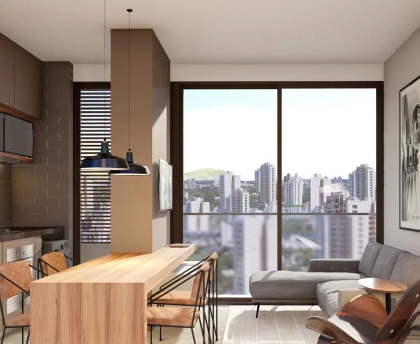 Sala e cozinha decoradas em unidade Front Stay